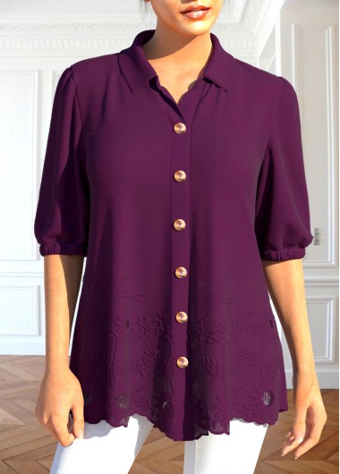 ROTITA Patchwork Dark Reddish Purple Shirt Collar Blouse