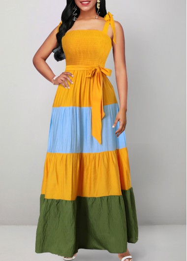 Smocked Belted Yellow Square Neck Sleeveless Dress