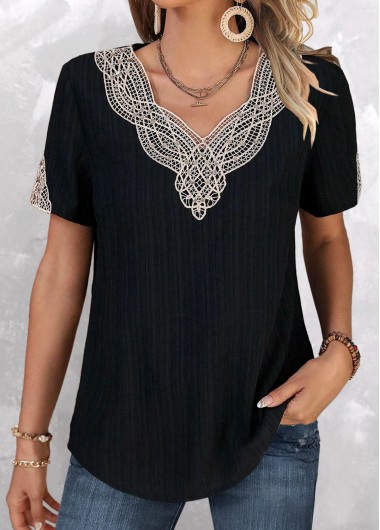 ROTITA Lace Black V Neck Short Sleeve T Shirt