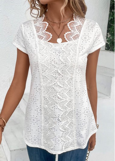 ROTITA Patchwork White Scoop Neck Short Sleeve T Shirt