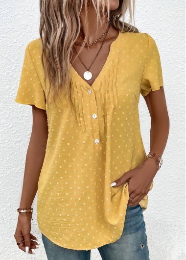 ROTITA Jacquard Light Yellow V Neck Short Sleeve Blouse