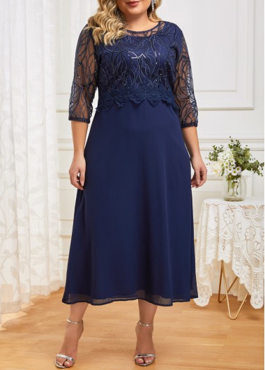 Navy Plus Size Lace Patchwork Dress