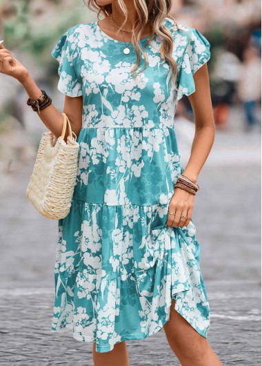 Ruffle Floral Print Blue Round Neck Dress