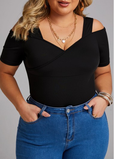 Cut Out Black Cold Shoulder Short Sleeve Bodysuit