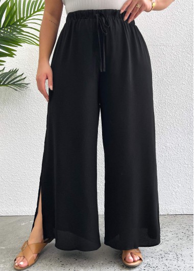 Black Plus Size Split Drawastring High Waisted Pants