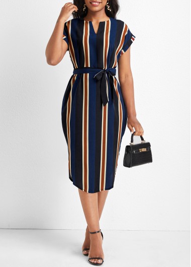 Striped Split Belted Multi Color Dress
