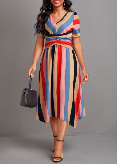 Multi Stripe Print Ruched V Neck Dress