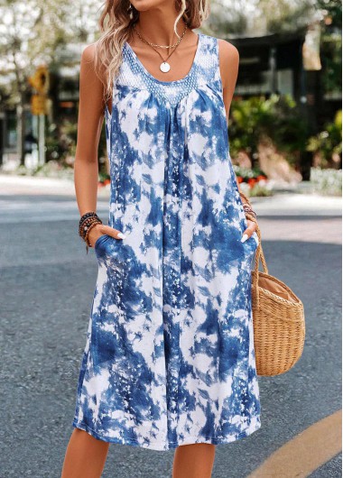 Tie Dye Print Patchwork Blue Shift Dress