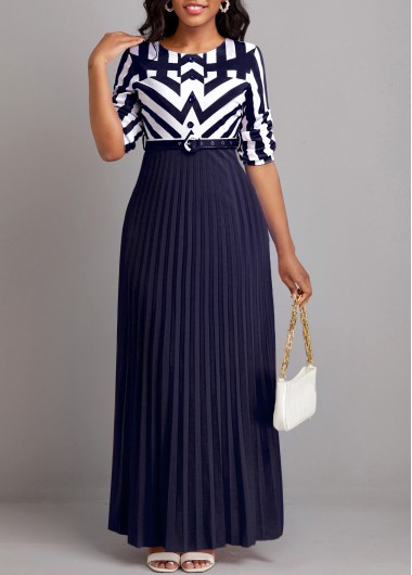 Geometric Print Button Belted Pink Maxi Dress