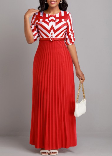 Geometric Print Button Belted Pink Maxi Dress