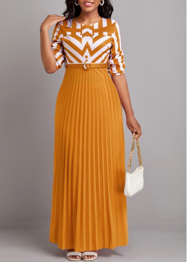 Geometric Print Button Belted Pink Maxi Dress