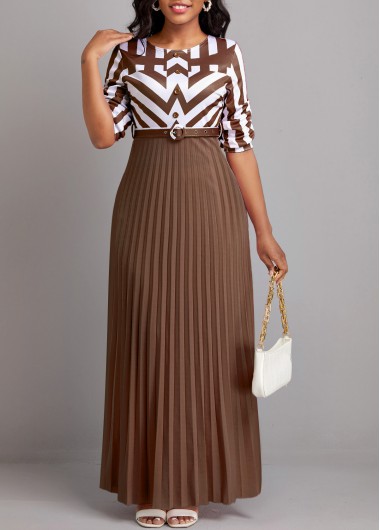 Geometric Print Button Belted Pink Maxi Dress