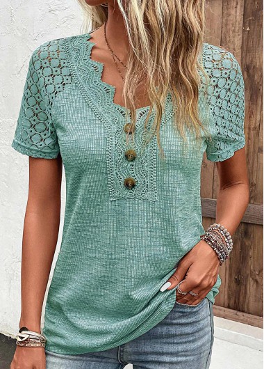 Green V Neck Short Sleeve Lace T Shirt