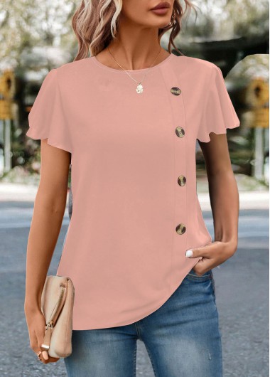 Pink Round Neck Short Sleeve Button T Shirt