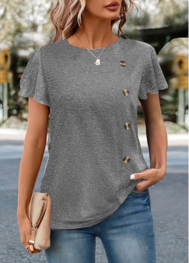 Grey Round Neck Short Sleeve Button T Shirt