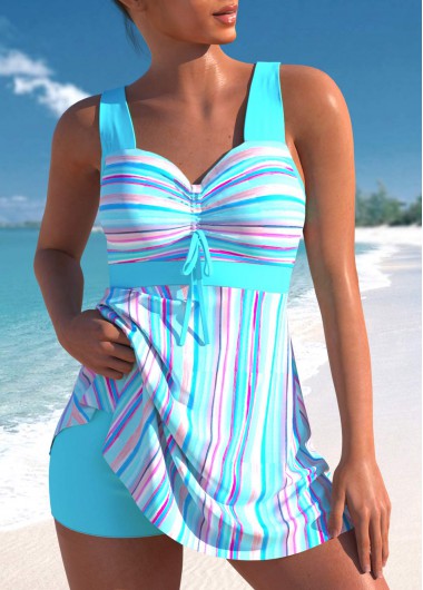 Multi Stripe Print Drawstring Cyan Swimdress Top
