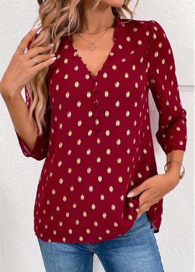 ROTITA Hot Stamping Wine Red V Neck Blouse
