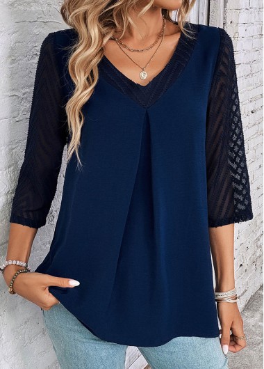 ROTITA Patchwork Navy V Neck Lace Blouse