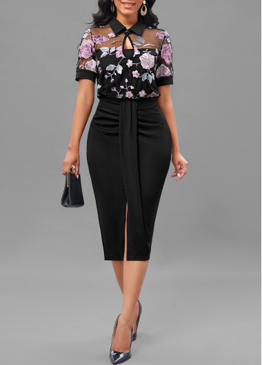 ROTITA Embroidery Black Turn Down Collar Short Sleeve Bodycon Dress
