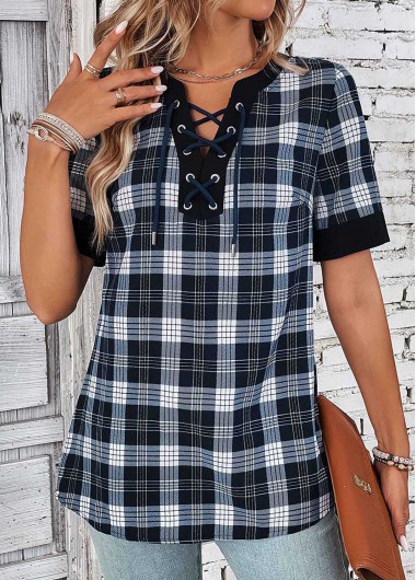 ROTITA Lace Up Plaid Black Split Neck Blouse