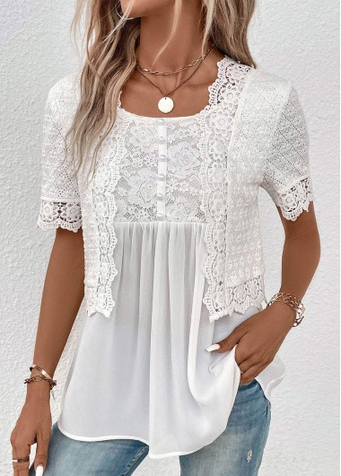 ROTITA Fake 2in1 White Round Neck Short Sleeve Blouse