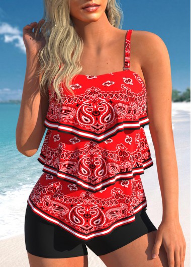 Plus Size Red Paisley Print Asymmetry Tankini Top