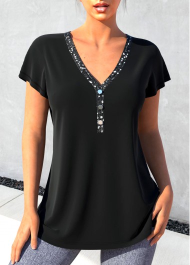 ROTITA Sequin Black V Neck Short Sleeve T Shirt