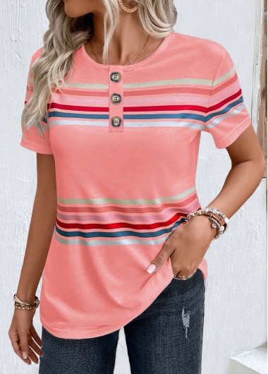 ROTITA Striped Pink Round Neck Short Sleeve T Shirt