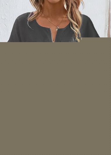 Grey Round Neck Short Sleeve Zipper Blouse