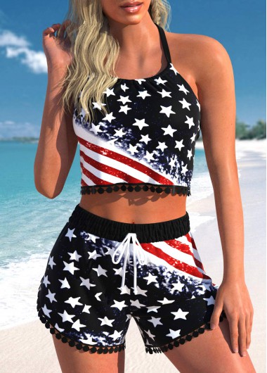 Mid Waisted American Flag Print Drawstring Bikini Set