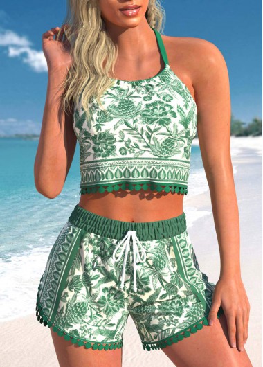 Mid Waisted Tropical Plants Print Tassel Tankini Set