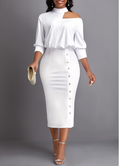 ROTITA Asymmetry White Stand Collar Bodycon Dress