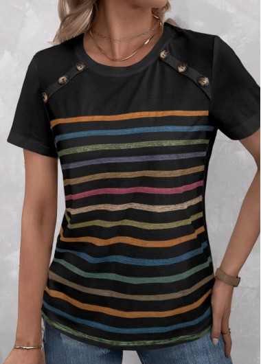Striped Button Black Round Neck T Shirt