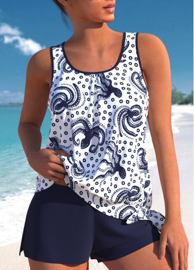 Mid Waisted Marine Life Print Bowknot Tankini Set