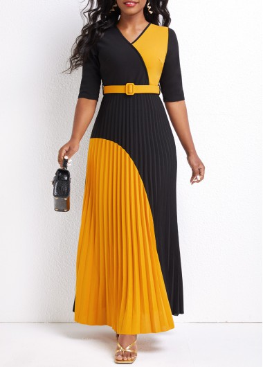 Pleated Belted V Neck Black Maxi Dress