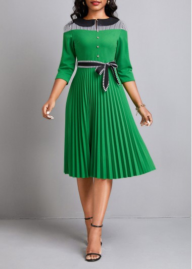 Striped Pleated Belted Green Peter Pan Collar Dress