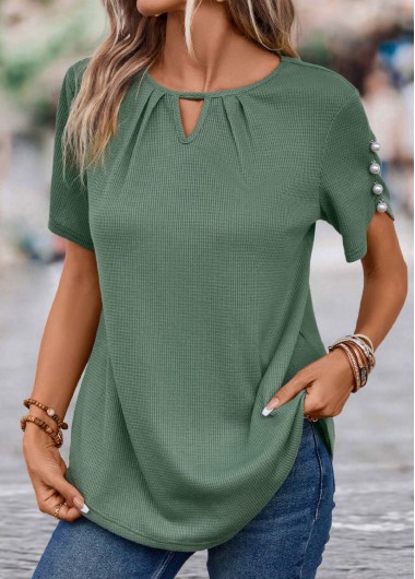 ROTITA Cut Out Sage Green Round Neck T Shirt