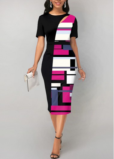 Geometric Print Lightweigh Black Round Neck Dress