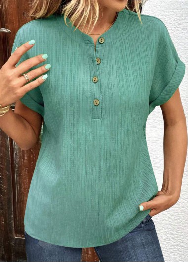 Green V Neck Short Sleeve Button T Shirt