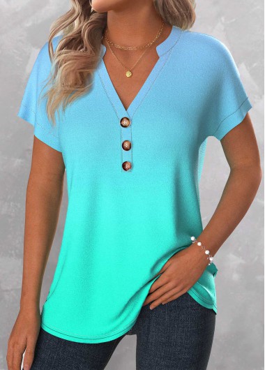 ROTITA Button Ombre Mint Green Split Neck T Shirt