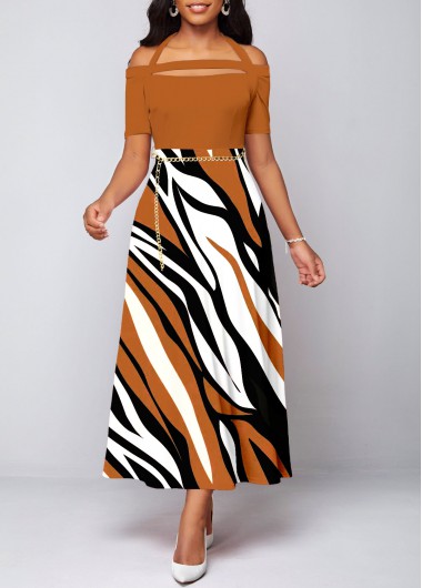 ROTITA Cut Out Animal Print Light Coffee Halter Dress