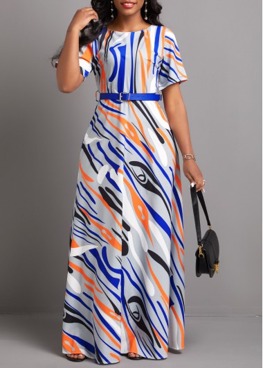 ROTITA Zipper Geometric Print Multi Color Maxi Dress