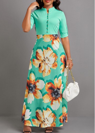 Floral Print Button Mint Green Maxi Dress