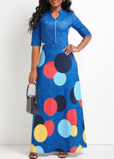 ROTITA Button Geometric Print Denim Blue Maxi Dress