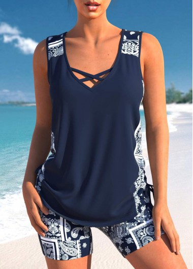 Mid Waisted Tribal Print Drawstring Navy Tankini Set