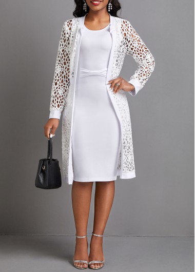 ROTITA Mesh White Two-Piece Round Neck Dress and Cardigan