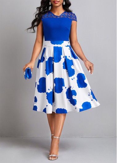 Floral Print Lace Dark Blue Round Neck Dress