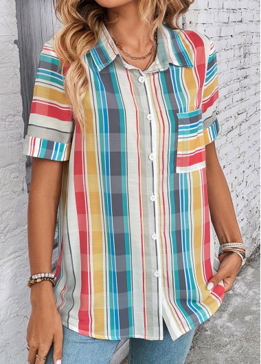 ROTITA Button Plaid Multi Color Shirt Collar Blouse