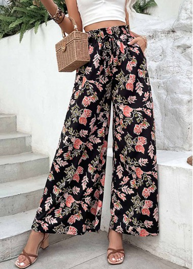 Lightweigh Floral Print Black Elastic Waist Pants