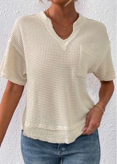 Pocket Split Neck Short Sleeve Beige T Shirt